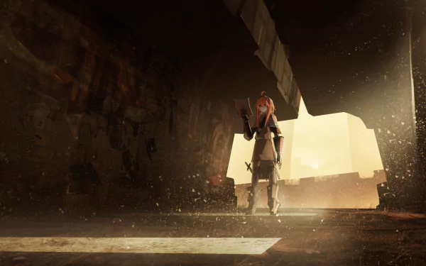 A high-definition anime wallpaper features an original character in a futuristic, post-apocalyptic setting, standing amidst scattered debris in a dimly lit environment with light streaming in from the background.