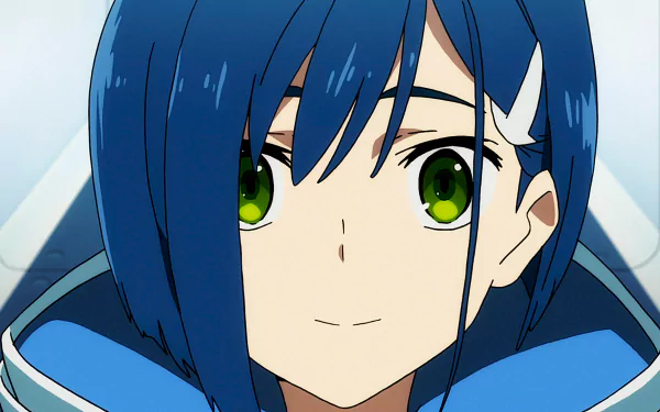 HD desktop wallpaper of Ichigo from Darling in the FranXX, featuring a close-up of her face with vibrant green eyes and blue hair.