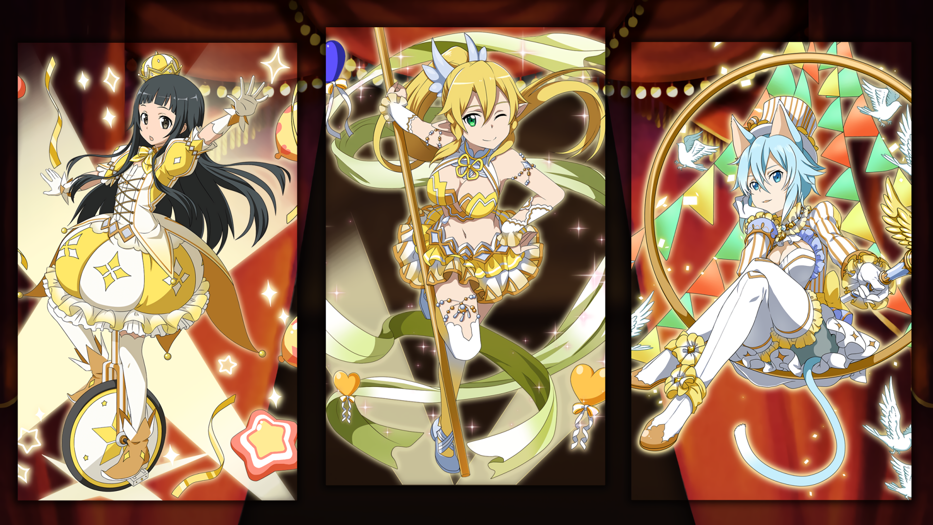 HD PC desktop wallpaper and background: circus-themed Sword Art Online: Memory Defrag anime art featuring three female SAO characters in yellow starry costumes on a red stage.