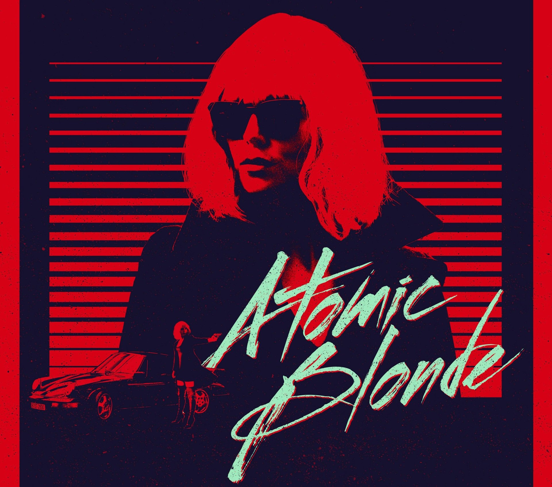 Red-and-blue poster portrait of a blonde woman in sunglasses with Atomic Blonde script; 2K Quad HD PC desktop wallpaper/background.