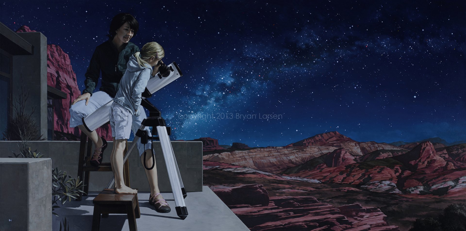 Artistic HD PC desktop wallpaper featuring two people stargazing with a telescope under a star-filled night sky over a rugged, rocky landscape.