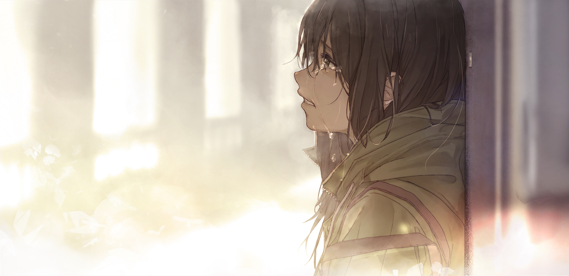 An HD anime wallpaper featuring an original character with dark hair and glasses, gazing thoughtfully into the light.