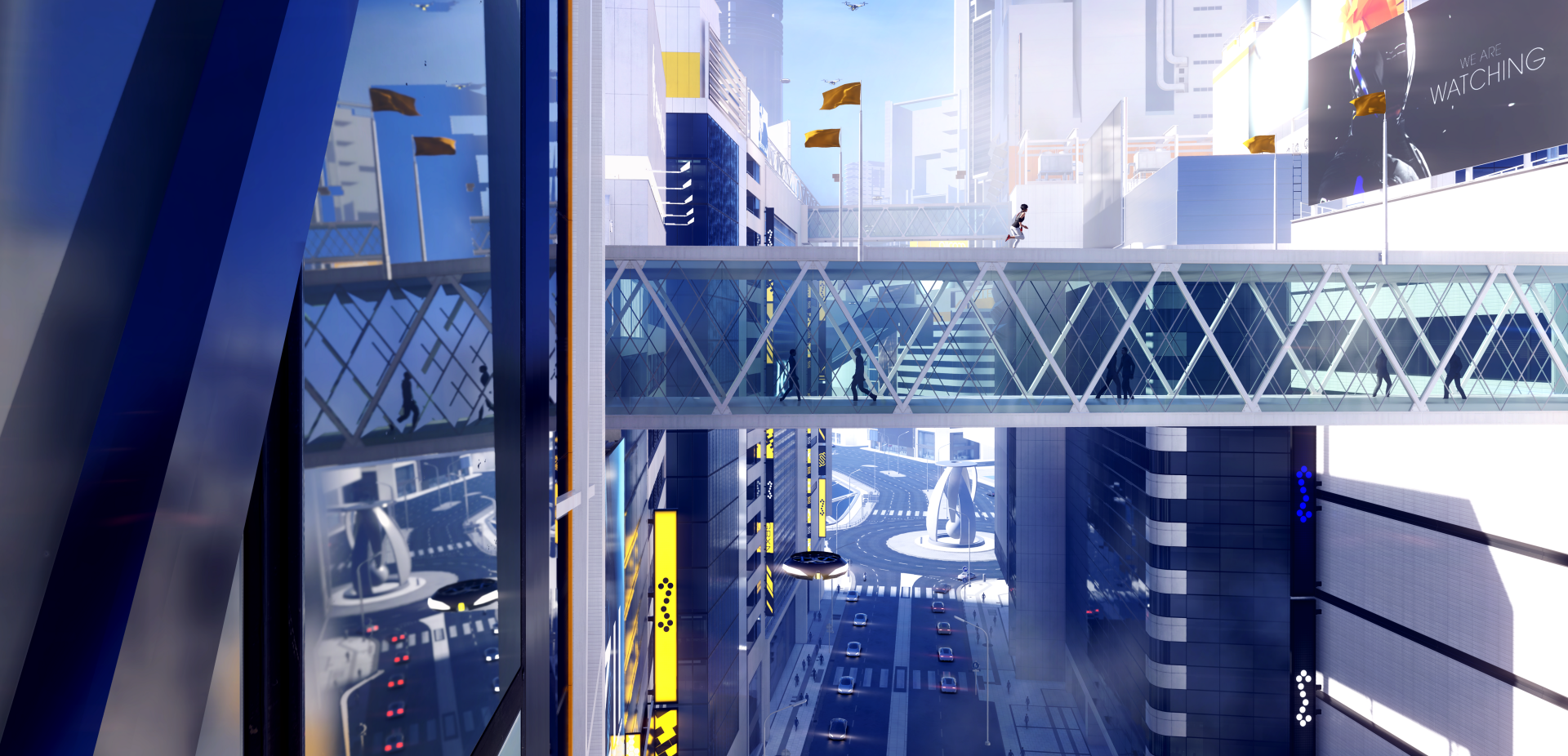 4K Ultra HD PC desktop wallpaper showcasing a bright, futuristic cityscape from the video game Mirror's Edge Catalyst with reflective glass, skywalks, and distant runners.