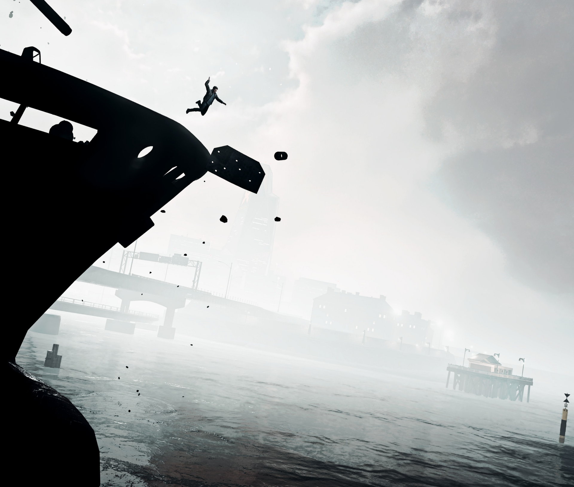 HD PC desktop wallpaper from the video game Quantum Break, depicting a dramatic silhouette of a figure leaping off a ship into a foggy, industrial waterfront setting.