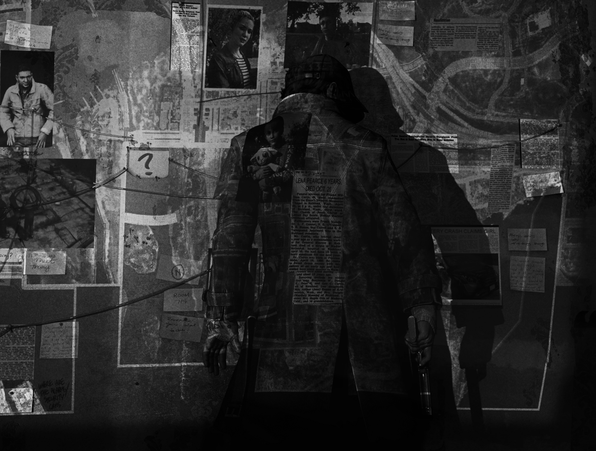 Dark, gritty scene from the video game Watch Dogs, featuring a mysterious figure against a collage of surveillance and hacker imagery, in 8K Ultra HD resolution.