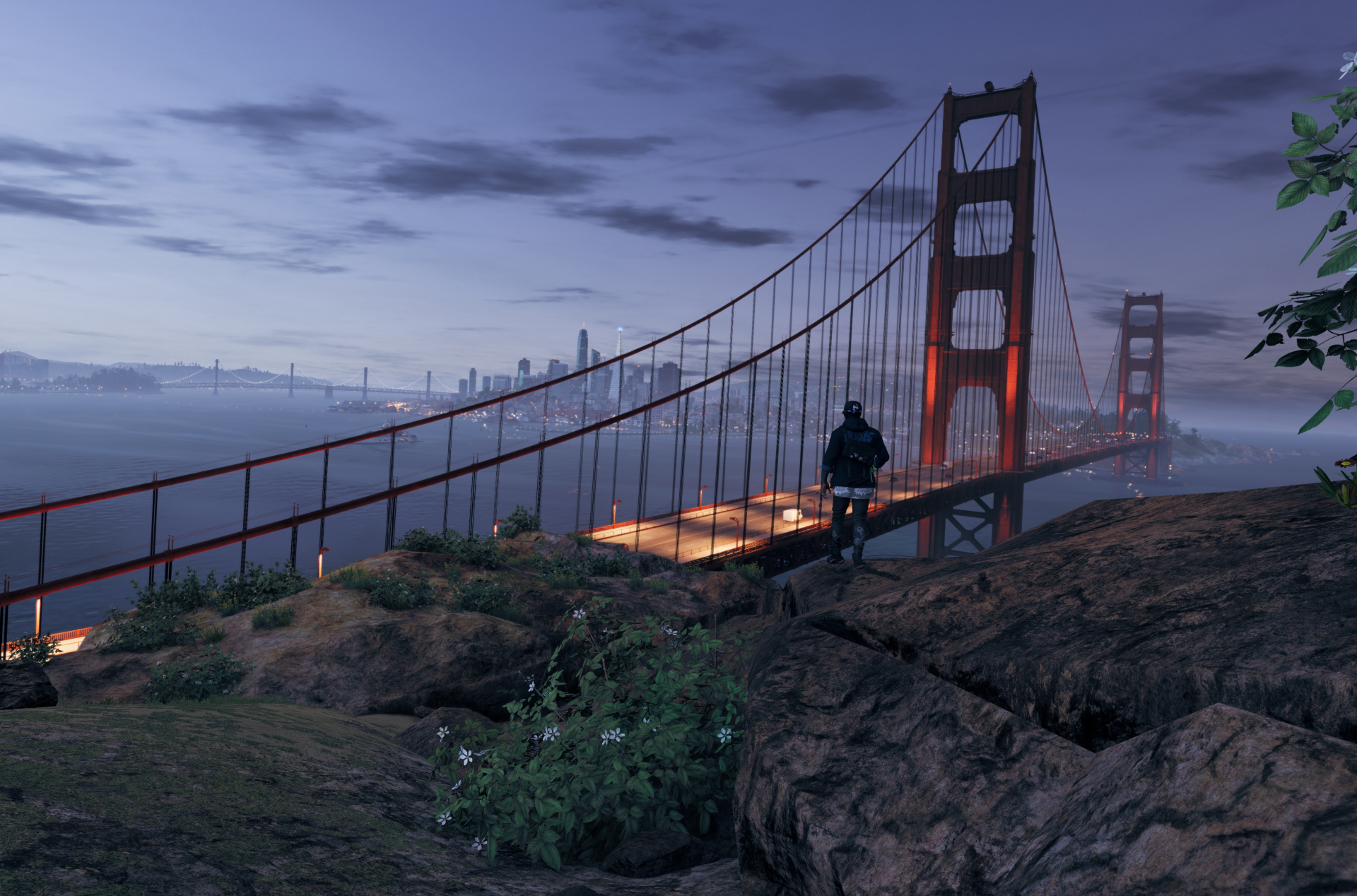 Watch Dogs 2 video game 4K Ultra HD PC desktop wallpaper — lone hacker on a rocky overlook at dusk, gazing at the lit Golden Gate Bridge and misty San Francisco skyline.