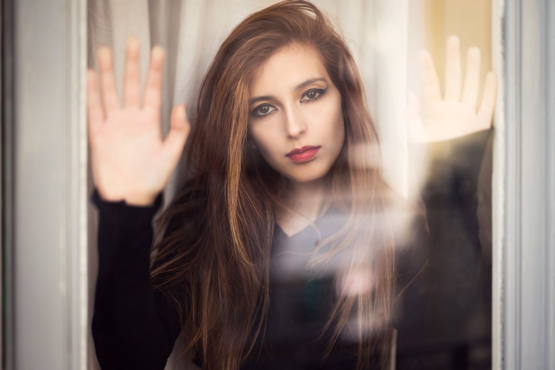 Download Brown Eyes Lipstick Long Hair Brunette Woman Model HD Wallpaper