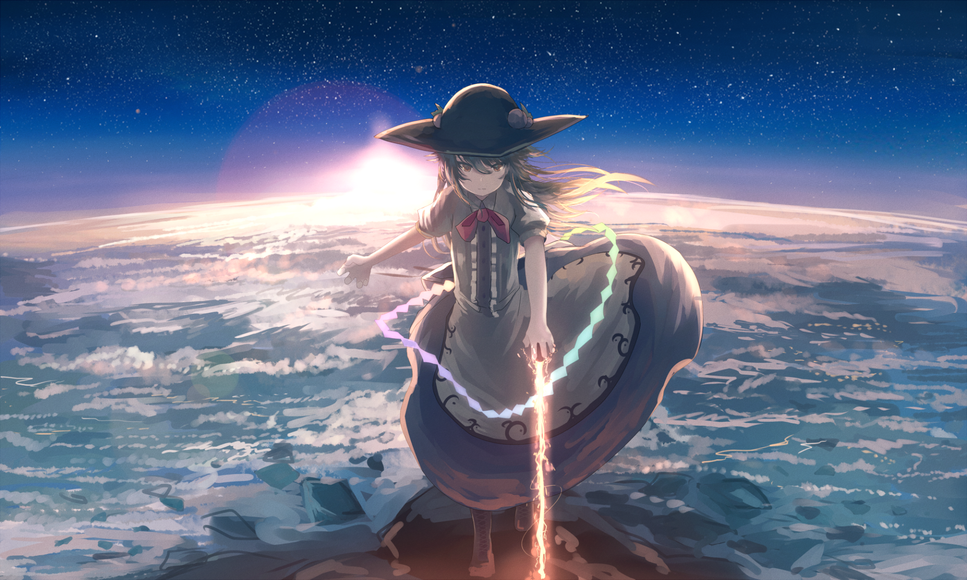 Tenshi Hinanawi from Touhou stands with a glowing sword above a celestial landscape, depicted in a detailed HD anime PC desktop wallpaper.