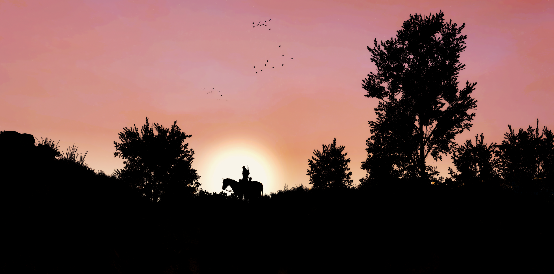 Silhouetted figure on horseback riding through a forest at sunset, captured as an 8K Ultra HD PC desktop wallpaper from the video game The Witcher 3: Wild Hunt.