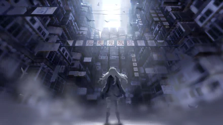 HD anime wallpaper featuring an original character standing in a misty alleyway surrounded by tall buildings with illuminated signs.