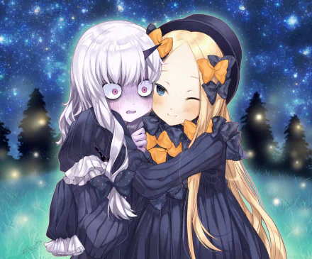 HD PC desktop wallpaper featuring anime characters Lavinia Whateley and Abigail Williams from Fate/Grand Order in a glowing nighttime forest setting.