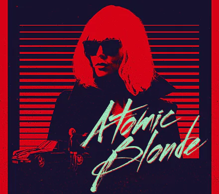 Red-and-blue poster portrait of a blonde woman in sunglasses with Atomic Blonde script; 2K Quad HD PC desktop wallpaper/background.