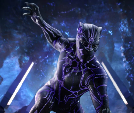HD desktop wallpaper featuring Black Panther from Marvel Comics and the Black Panther movie, striking a dynamic pose against a vivid blue and purple background.