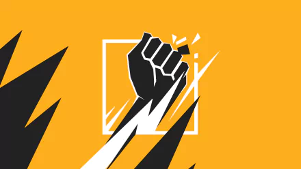 Minimalist 8K Ultra HD wallpaper of Finka from Tom Clancy's Rainbow Six: Siege, featuring a bold, stylized black fist breaking through an orange and white geometric background.