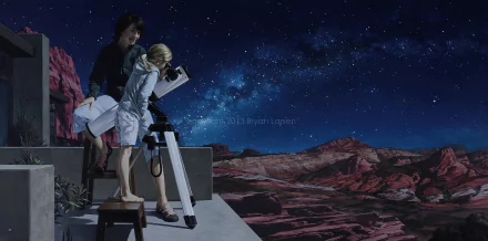 Artistic HD PC desktop wallpaper featuring two people stargazing with a telescope under a star-filled night sky over a rugged, rocky landscape.