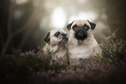 HD wallpaper featuring two pugs with a depth of field effect in a tranquil outdoor setting.