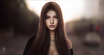 A fantasy-themed 4K Ultra HD wallpaper featuring a woman with long brown hair and captivating eyes, set against a softly blurred background.