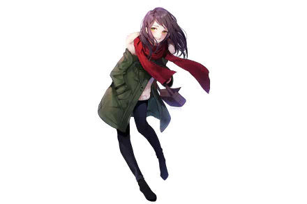 HD anime-style original artwork of a girl with long purple hair wearing a green coat, black tights, and a flowing red scarf, designed as a PC desktop wallpaper background.
