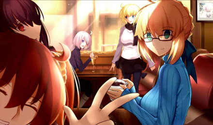 HD PC wallpaper featuring anime characters Jeanne d'Arc, Fujimaru Ritsuka, Saber, Scathach, and Mashu Kyrielight from Fate/Grand Order in a warmly lit indoor scene.