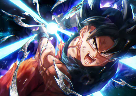HD desktop wallpaper featuring Goku from Dragon Ball Super, showcasing an intense battle scene with vibrant energy beams and dynamic action.