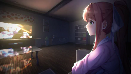 Monika from Doki Doki Literature Club! watches TV in a dimly lit room, creating a cozy and contemplative atmosphere. This HD desktop wallpaper beautifully captures her serene moment.