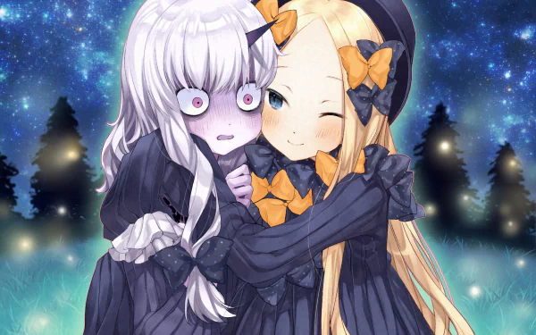 HD PC desktop wallpaper featuring anime characters Lavinia Whateley and Abigail Williams from Fate/Grand Order in a glowing nighttime forest setting.