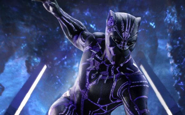 HD desktop wallpaper featuring Black Panther from Marvel Comics and the Black Panther movie, striking a dynamic pose against a vivid blue and purple background.
