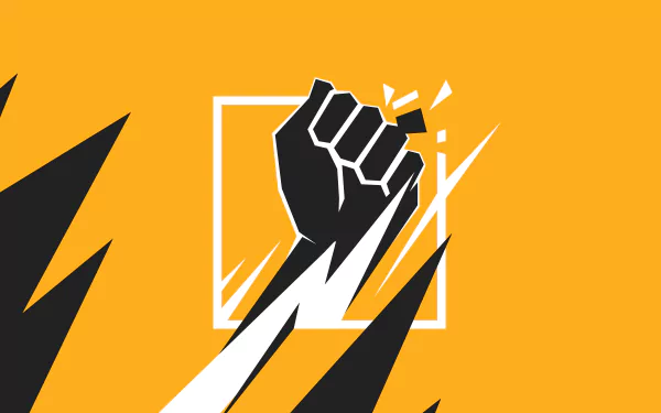 Minimalist 8K Ultra HD wallpaper of Finka from Tom Clancy's Rainbow Six: Siege, featuring a bold, stylized black fist breaking through an orange and white geometric background.