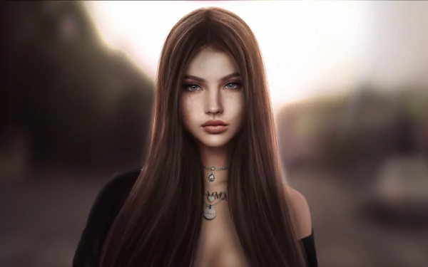 A fantasy-themed 4K Ultra HD wallpaper featuring a woman with long brown hair and captivating eyes, set against a softly blurred background.