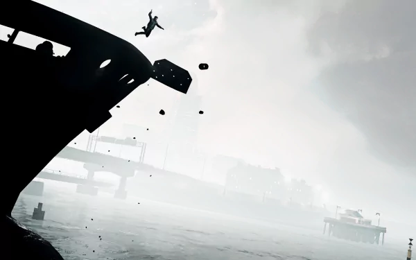 HD PC desktop wallpaper from the video game Quantum Break, depicting a dramatic silhouette of a figure leaping off a ship into a foggy, industrial waterfront setting.