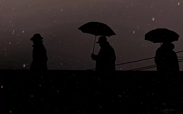 Silhouettes of three figures holding umbrellas in the rain, rendered as an 8K Ultra HD PC desktop wallpaper from the video game Watch Dogs.