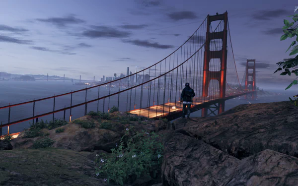 Watch Dogs 2 video game 4K Ultra HD PC desktop wallpaper — lone hacker on a rocky overlook at dusk, gazing at the lit Golden Gate Bridge and misty San Francisco skyline.