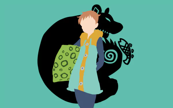 Minimalist HD desktop wallpaper featuring the anime character King from The Seven Deadly Sins, with brown hair, holding a pillow, and set against a simple teal background with a black bear-like design.
