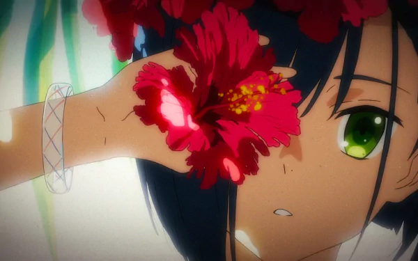 HD desktop wallpaper of Ichigo from the anime Darling in the FranXX, featuring her close-up with vibrant red flowers near her face, showcasing her green eyes and expressive appearance.