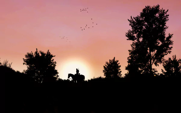 Silhouetted figure on horseback riding through a forest at sunset, captured as an 8K Ultra HD PC desktop wallpaper from the video game The Witcher 3: Wild Hunt.