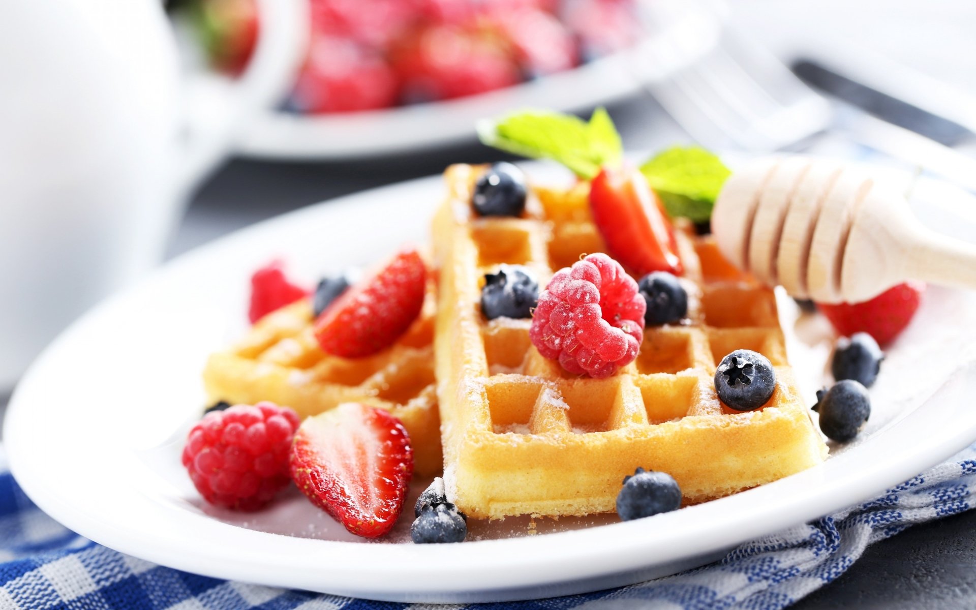 Download Blueberry Breakfast Strawberry Raspberry Berry Fruit Food Waffle HD Wallpaper