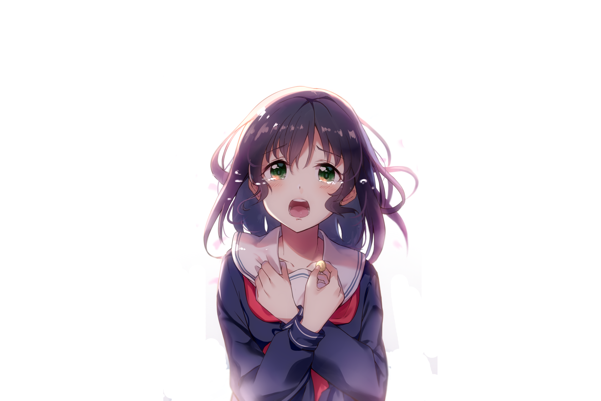 HD anime-style desktop wallpaper featuring an original character with dark hair, green eyes, and a navy outfit, expressing a heartfelt emotion against a white background.