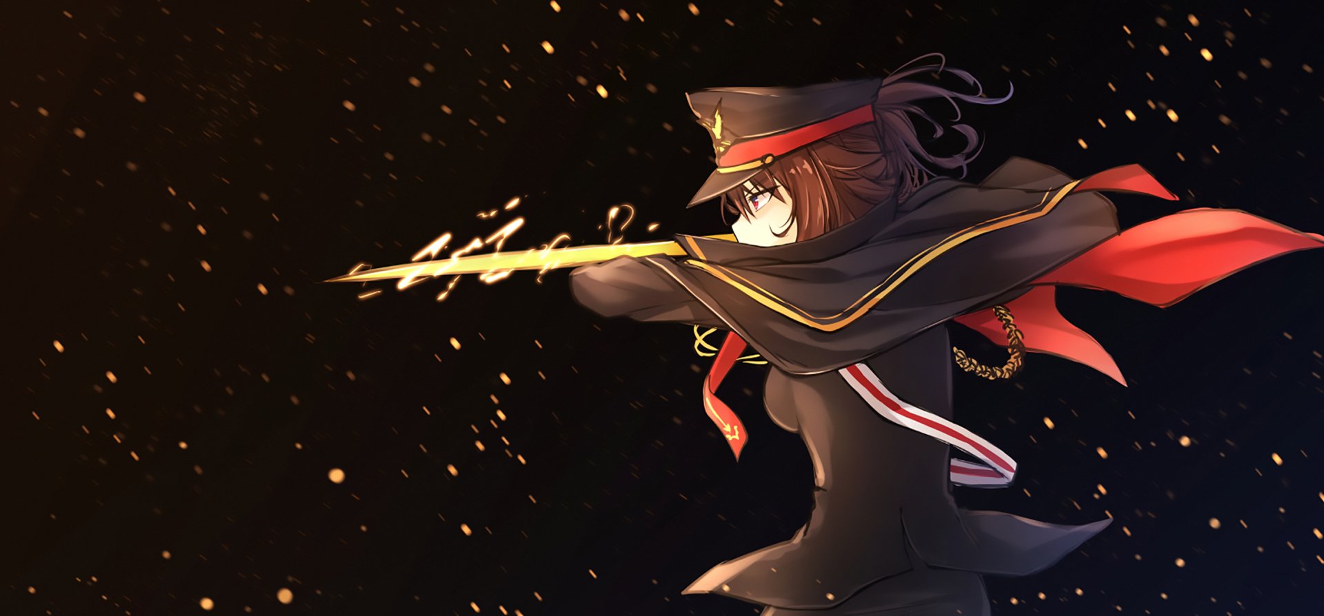HD anime desktop wallpaper featuring Oda Nobukatsu from Fate/Grand Order in dynamic pose with glowing sword and dark, fiery background.