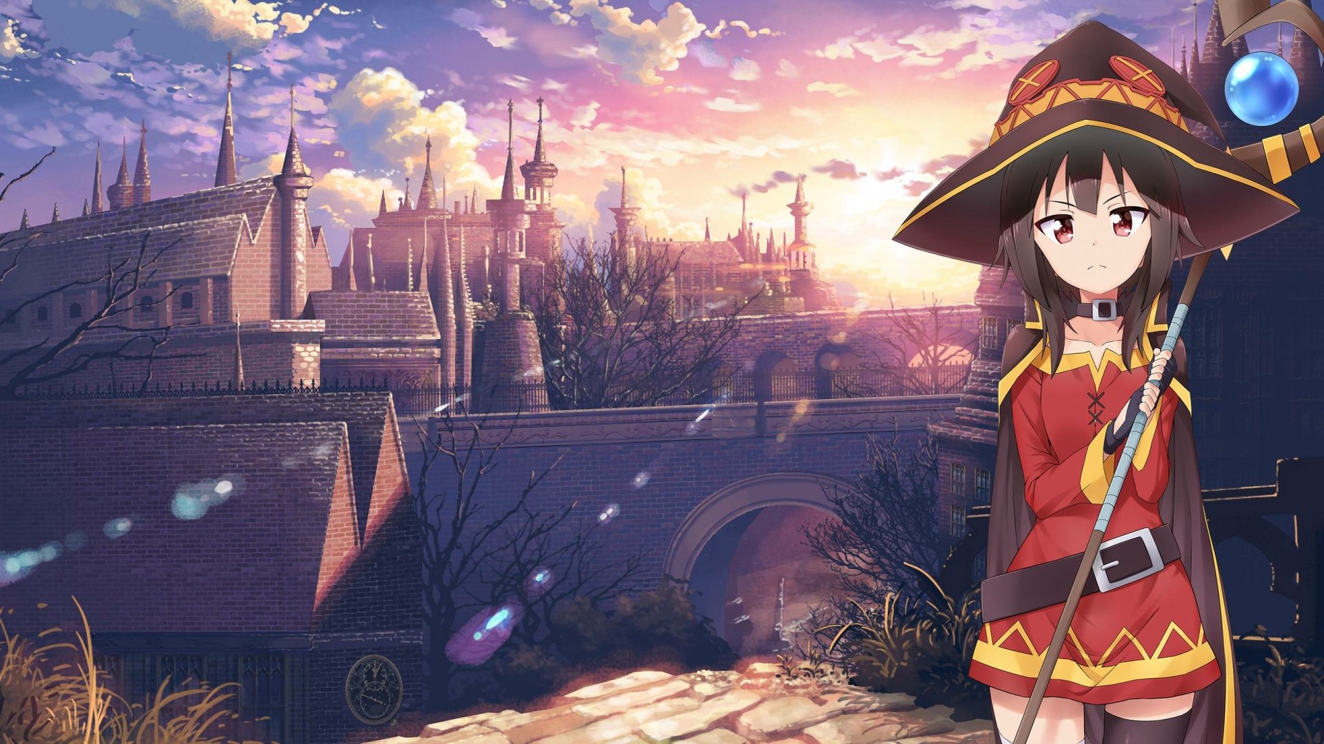 HD PC desktop wallpaper featuring Megumin from KonoSuba: God's blessing on this wonderful world!! standing against a detailed, sunset-lit fantasy cityscape.
