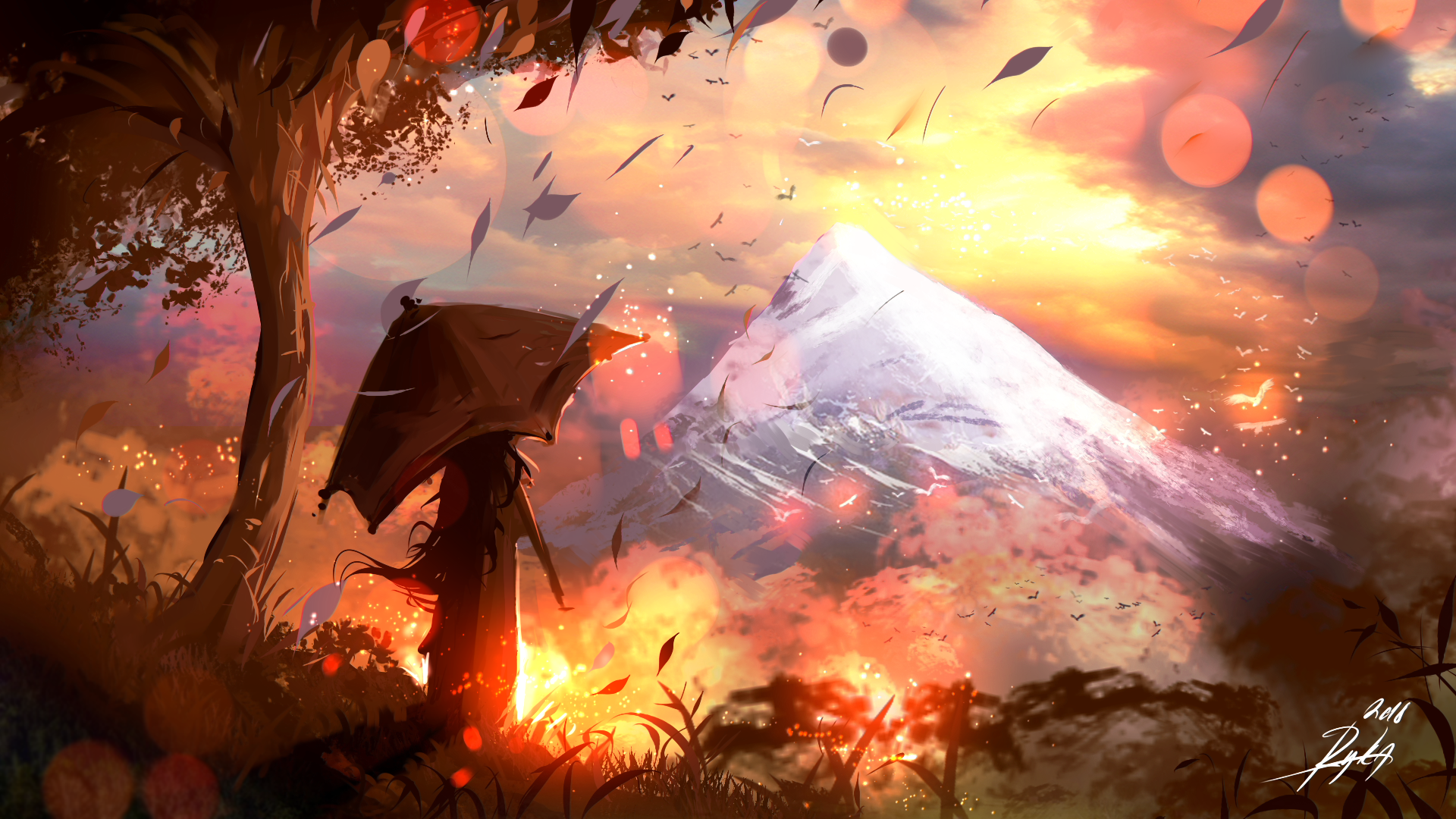 A fantasy-themed HD desktop wallpaper of a woman with an umbrella standing before a fiery, colorful landscape featuring a majestic, snow-capped mountain in the distance.