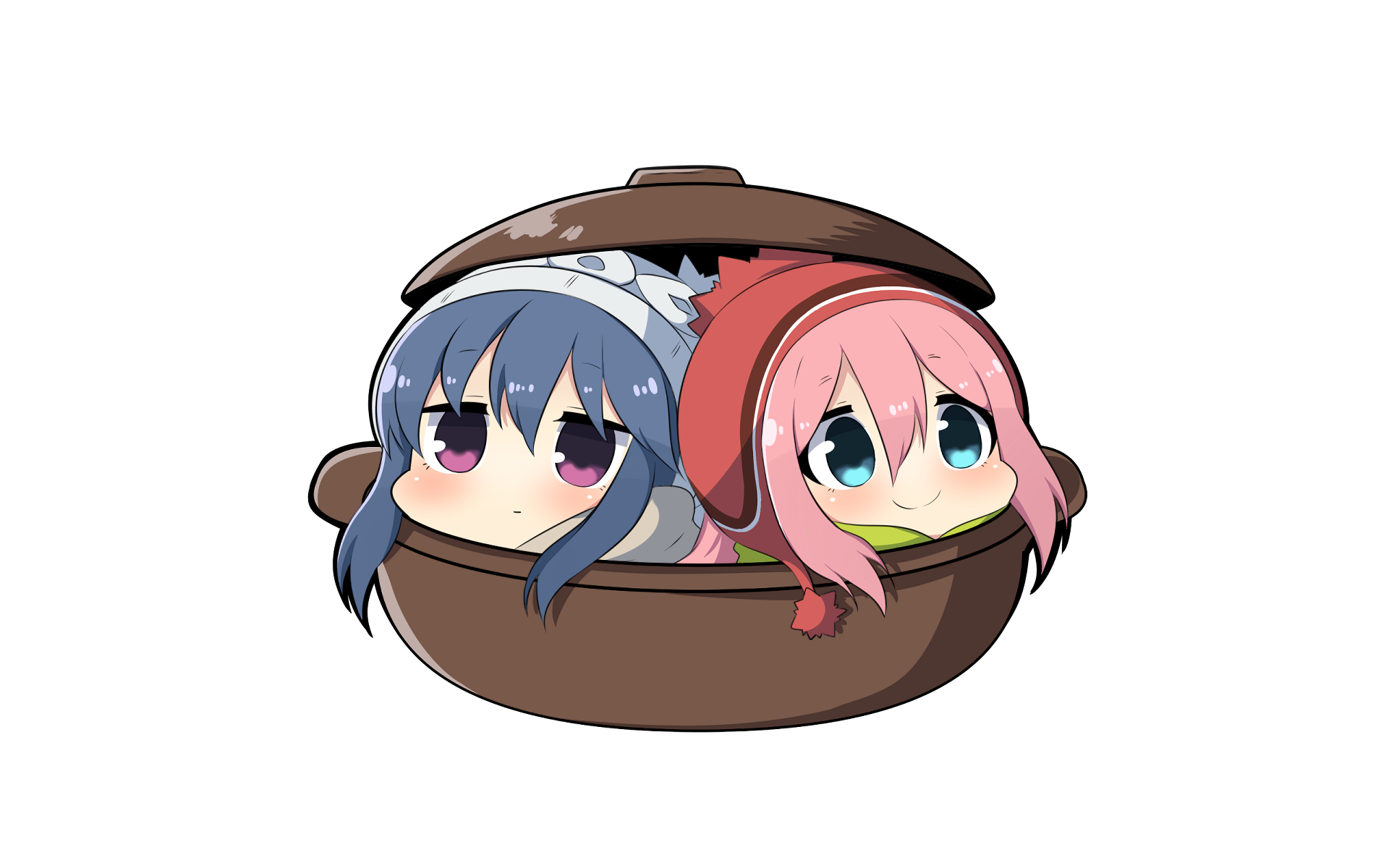 Anime characters Rin Shima and Nadeshiko Kagamihara from Laid-Back Camp in a HD wallpaper, peeking out from a pot.