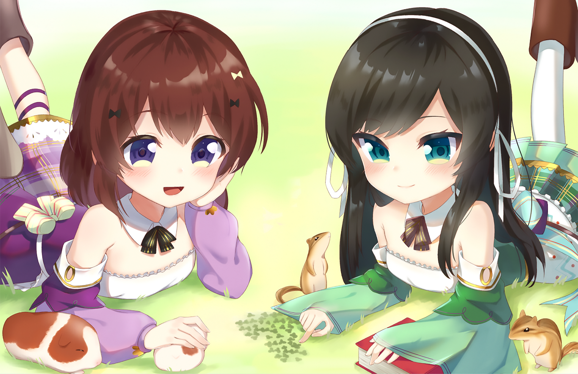 HD PC desktop wallpaper featuring two cute original anime girls in colorful dresses, lying on the grass with playful expressions in a bright, soft background.