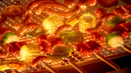 HD anime-style barbecue scene from Darling in the FranXX, featuring grilled meats, corn, and vegetables glowing on a grill for a vibrant PC desktop wallpaper.