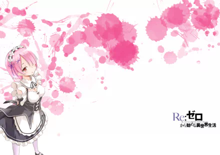 HD anime desktop wallpaper featuring a chibi character from Re:Zero - Starting Life in Another World with pink ink splashes on a white background.