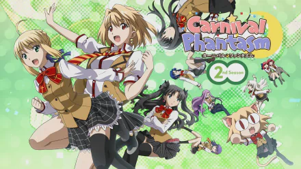 HD PC desktop wallpaper of Carnival Phantasm anime featuring the energetic cast (full-size and chibi) leaping across a green patterned background with the series logo.