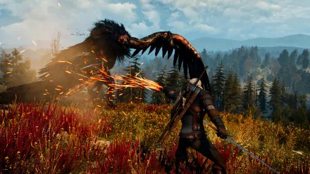 Geralt of Rivia battles a fiery, winged creature using magic in a vivid, forested landscape from The Witcher 3: Wild Hunt, captured in HD PC desktop wallpaper quality.