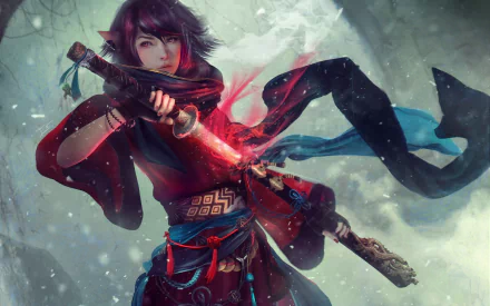 HD desktop wallpaper featuring a woman warrior with purple hair and animal ears, wielding a katana. The character has oriental elements, inspired by Final Fantasy XIV and set in a snowy, mystical background.