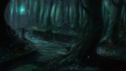 HD anime forest wallpaper depicting a dark, mystical night scene with towering trees and glowing blue lights scattered throughout the dense woodland.