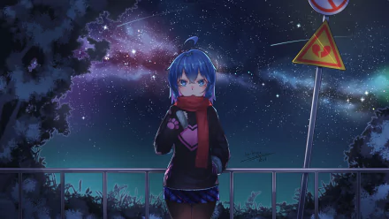 Anime girl with blue hair and blue eyes stands at night under a galaxy sky with stars and a comet, wearing a skirt and pantyhose, creating a vivid HD desktop wallpaper background.
