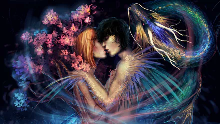 Romantic fantasy scene of a couple embracing, surrounded by glowing flowers and ethereal wings, set against a vivid, dreamy HD desktop wallpaper background.